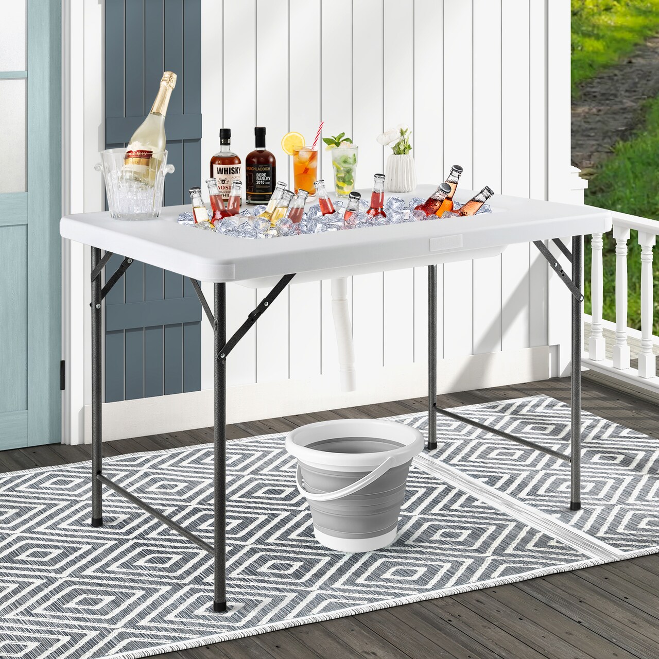 Foldable White Ice Bin Table with Skirt and Drainage, HDPE Top and Metal Frame for Parties